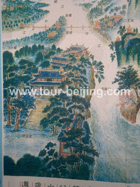 A picture of the Dujingyan Irrigation system. The water is coming up and down. The left sided river ( outside river ) is for headwork and the right side river ( inner river ) for irrigation.